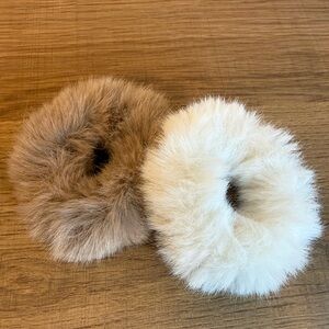 Fuzzy Scrunchie Bundle - Neutral Faux Fur Hair Accessories (2 pcs)